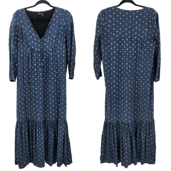 Madewell Womens Silk Medallion Dot Maxi Dress Blue Sz 4 Tiered Flowy Modest - Picture 2 of 15
